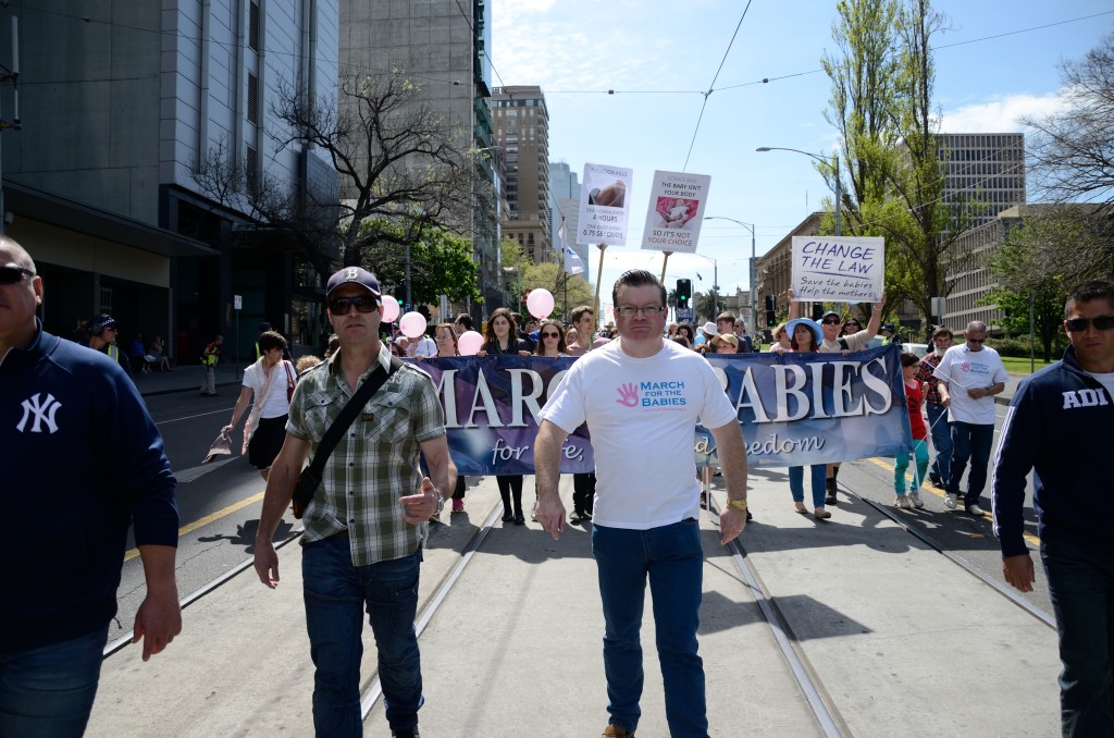 Victorian Liberal MP Bernie Finn leads the 'March for the Babies' in October 2014. Photo - Finbar O'Mallon